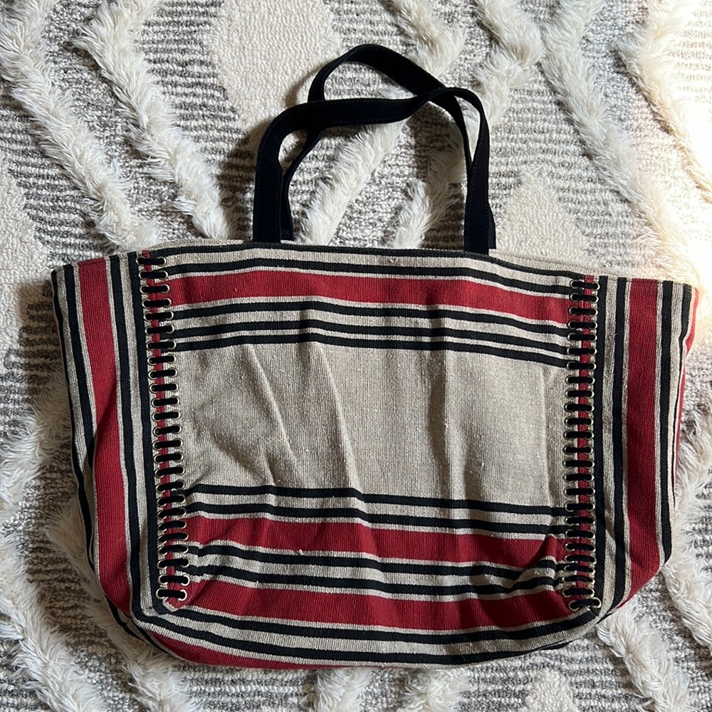 Petite Mendigote stripe canvas tote. Suede leather trim